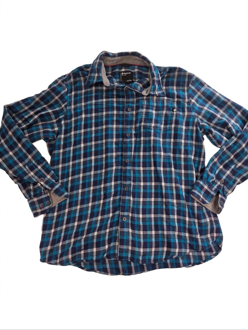 Marmot Mens Flannel Shirt XL Blue Teal Plaid Midweight Cotton Gorpcore Hiking